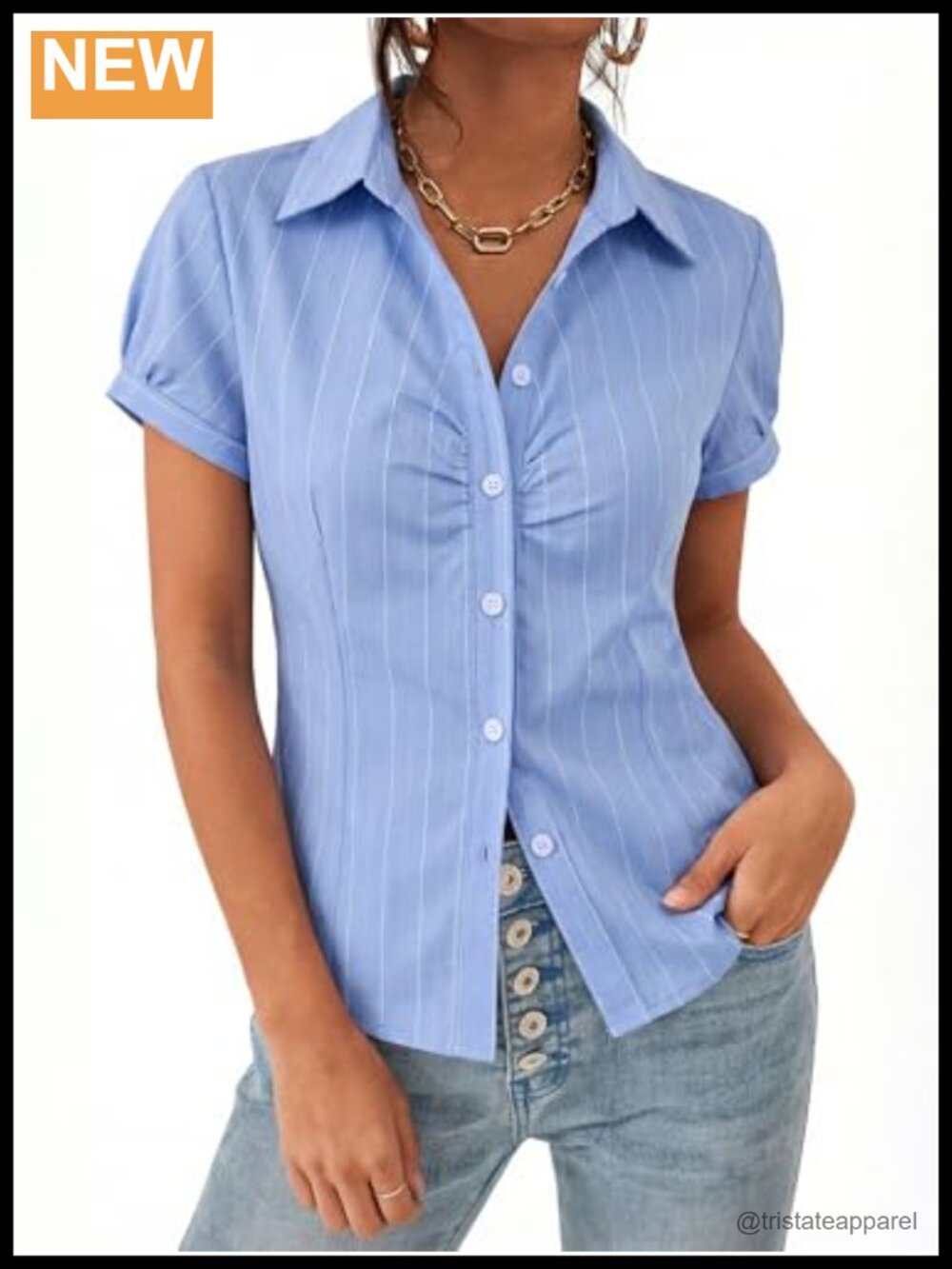 Y2K Striped Crop Button Down Shirt for Women Short Sleeve V-Neck Slim Fit